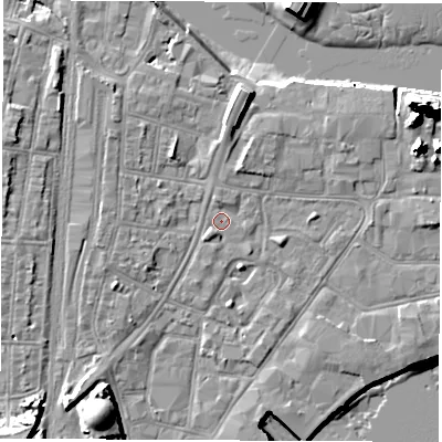Shaded relief map of the ground around SO140QF, computed from Environment Agency LiDAR. The ground here sits at about 3 m above sea level and falls 20 m across the surrounding 800 m. Surface water reaching this point runs off ground lying to the south-west, 1.2 m higher.