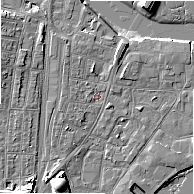 Shaded relief map of the ground around SO140QG, computed from Environment Agency LiDAR. The ground here sits at about 3 m above sea level and falls 13 m across the surrounding 800 m. Surface water reaching this point runs off ground lying to the north-north-east, 4.7 m higher.