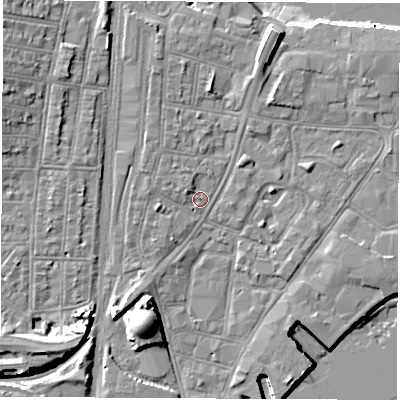 Shaded relief map of the ground around SO140QH, computed from Environment Agency LiDAR. The ground here sits at about 3 m above sea level and falls 13 m across the surrounding 800 m. Surface water reaching this point runs off ground lying to the south-west, 3.4 m higher.