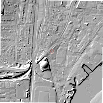 Shaded relief map of the ground around SO140QL, computed from Environment Agency LiDAR. The ground here sits at about 3 m above sea level and falls 13 m across the surrounding 800 m. Surface water reaching this point runs off ground lying to the west-south-west, 2.2 m higher.
