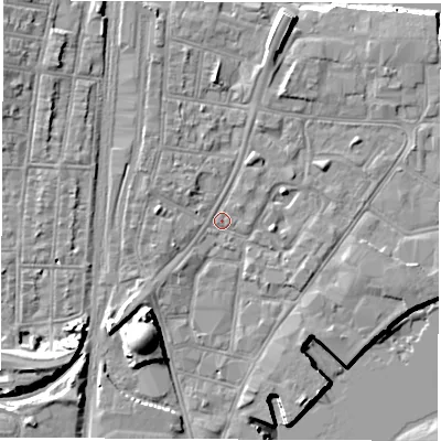 Shaded relief map of the ground around SO140QQ, computed from Environment Agency LiDAR. The ground here sits at about 3 m above sea level and falls 13 m across the surrounding 800 m. Surface water reaching this point runs off ground lying to the north-north-east, 4.8 m higher.