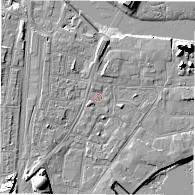 Shaded relief map of the ground around SO140SZ, computed from Environment Agency LiDAR. The ground here sits at about 3 m above sea level and falls 20 m across the surrounding 800 m. Surface water reaching this point runs off ground lying to the south-west, 1.2 m higher.