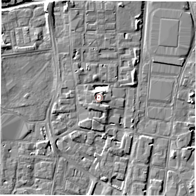 Shaded relief map of the ground around SO141AR, computed from Environment Agency LiDAR. The ground here sits at about 5 m above sea level and falls 11 m across the surrounding 800 m. Surface water reaching this point runs off ground lying to the east-north-east, 1.8 m higher.