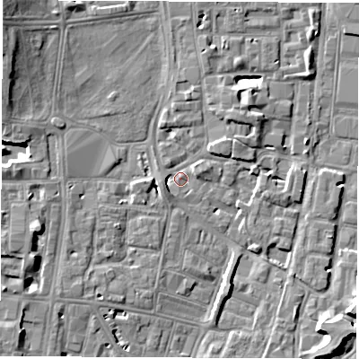 Shaded relief map of the ground around SO141NF, computed from Environment Agency LiDAR. The ground here sits at about 3 m above sea level and falls 10 m across the surrounding 800 m. Surface water reaching this point runs off ground lying to the north-west, 9.0 m higher.