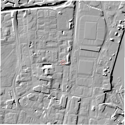Shaded relief map of the ground around SO141PT, computed from Environment Agency LiDAR. The ground here sits at about 4 m above sea level and falls 12 m across the surrounding 800 m. Surface water reaching this point runs off ground lying to the north-west, 6.0 m higher.
