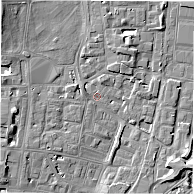 Shaded relief map of the ground around SO141ZA, computed from Environment Agency LiDAR. The ground here sits at about 3 m above sea level and falls 8 m across the surrounding 800 m. Surface water reaching this point runs off ground lying to the north-west, 7.9 m higher.