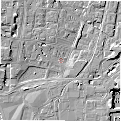 Shaded relief map of the ground around SO143BF, computed from Environment Agency LiDAR. The ground here sits at about 2 m above sea level and falls 11 m across the surrounding 800 m. Surface water reaching this point runs off ground lying to the west, 5.0 m higher.