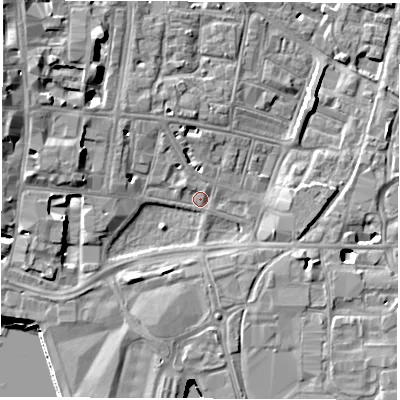 Shaded relief map of the ground around SO143BQ, computed from Environment Agency LiDAR. The ground here sits at about 3 m above sea level and falls 12 m across the surrounding 800 m. Surface water reaching this point runs off ground lying to the north-west, 8.1 m higher.