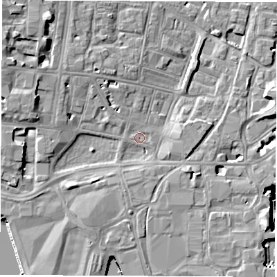 Shaded relief map of the ground around SO143BS, computed from Environment Agency LiDAR. The ground here sits at about 3 m above sea level and falls 11 m across the surrounding 800 m. Surface water reaching this point runs off ground lying to the west, 6.0 m higher.