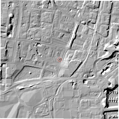 Shaded relief map of the ground around SO143BZ, computed from Environment Agency LiDAR. The ground here sits at about 2 m above sea level and falls 11 m across the surrounding 800 m. Surface water reaching this point runs off ground lying to the west, 5.0 m higher.