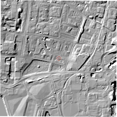 Shaded relief map of the ground around SO143DP, computed from Environment Agency LiDAR. The ground here sits at about 3 m above sea level and falls 11 m across the surrounding 800 m. Surface water reaching this point runs off ground lying to the south-east, 5.4 m higher.