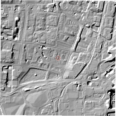 Shaded relief map of the ground around SO143DR, computed from Environment Agency LiDAR. The ground here sits at about 3 m above sea level and falls 11 m across the surrounding 800 m. Surface water reaching this point runs off ground lying to the west, 5.1 m higher.