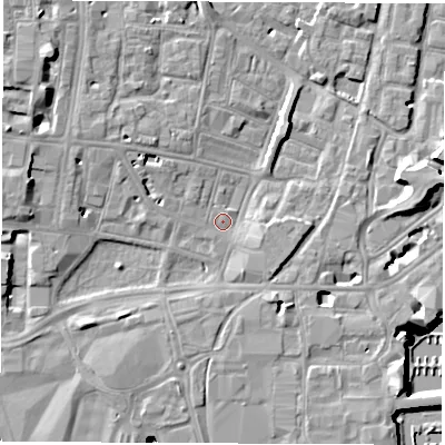 Shaded relief map of the ground around SO143DS, computed from Environment Agency LiDAR. The ground here sits at about 2 m above sea level and falls 11 m across the surrounding 800 m. Surface water reaching this point runs off ground lying to the west, 5.0 m higher.