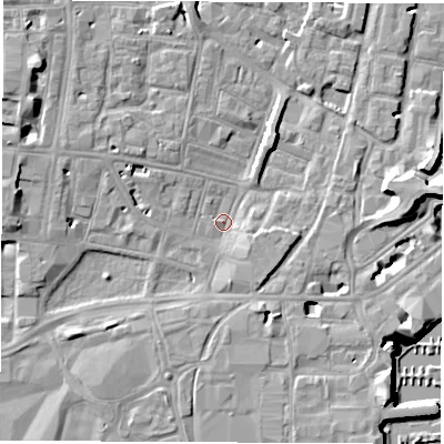 Shaded relief map of the ground around SO143DT, computed from Environment Agency LiDAR. The ground here sits at about 2 m above sea level and falls 12 m across the surrounding 800 m. Surface water reaching this point runs off ground lying to the south-south-east, 3.0 m higher.