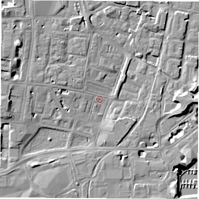 Shaded relief map of the ground around SO143DY, computed from Environment Agency LiDAR. The ground here sits at about 2 m above sea level and falls 11 m across the surrounding 800 m. Surface water reaching this point runs off ground lying to the west, 5.1 m higher.