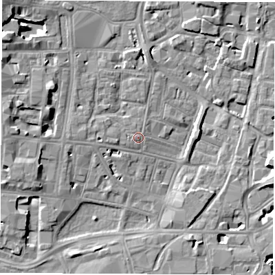 Shaded relief map of the ground around SO143EJ, computed from Environment Agency LiDAR. The ground here sits at about 4 m above sea level and falls 12 m across the surrounding 800 m. Surface water reaching this point runs off ground lying to the west, 1.3 m higher.