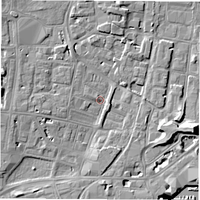 Shaded relief map of the ground around SO143ET, computed from Environment Agency LiDAR. The ground here sits at about 3 m above sea level and falls 14 m across the surrounding 800 m. Surface water reaching this point runs off ground lying to the south-east, 4.2 m higher.