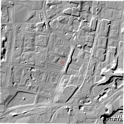 Shaded relief map of the ground around SO143EU, computed from Environment Agency LiDAR. The ground here sits at about 2 m above sea level and falls 14 m across the surrounding 800 m. Surface water reaching this point runs off ground lying to the east, 4.2 m higher.