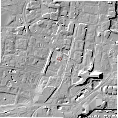 Shaded relief map of the ground around SO143EW, computed from Environment Agency LiDAR. The ground here sits at about 3 m above sea level and falls 14 m across the surrounding 800 m. Surface water reaching this point runs off ground lying to the north, 4.5 m higher.