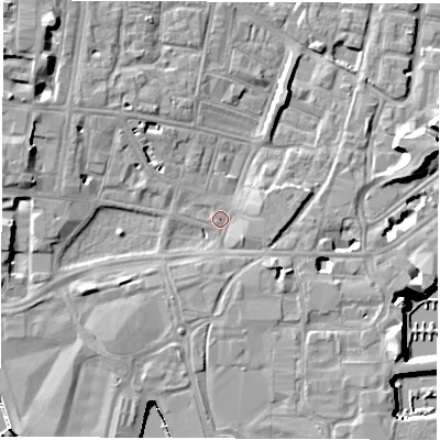 Shaded relief map of the ground around SO143FD, computed from Environment Agency LiDAR. The ground here sits at about 2 m above sea level and falls 11 m across the surrounding 800 m. Surface water reaching this point runs off ground lying to the west-north-west, 5.9 m higher.