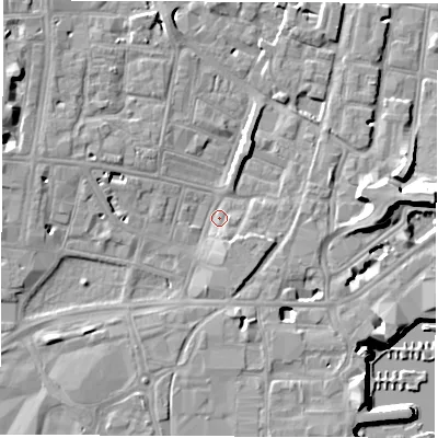 Shaded relief map of the ground around SO143FE, computed from Environment Agency LiDAR. The ground here sits at about 3 m above sea level and falls 14 m across the surrounding 800 m. Surface water reaching this point runs off ground lying to the south-south-east, 3.0 m higher.