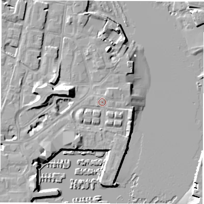 Shaded relief map of the ground around SO143FL, computed from Environment Agency LiDAR. The ground here sits at about 4 m above sea level and falls 14 m across the surrounding 800 m. Surface water reaching this point runs off ground lying to the south-south-east, 1.3 m higher.