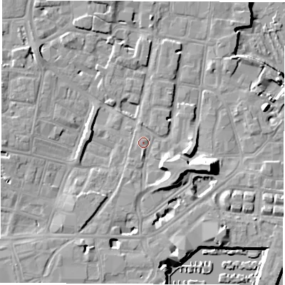 Shaded relief map of the ground around SO143FS, computed from Environment Agency LiDAR. The ground here sits at about 4 m above sea level and falls 14 m across the surrounding 800 m. Surface water reaching this point runs off ground lying to the east-south-east, 5.1 m higher.