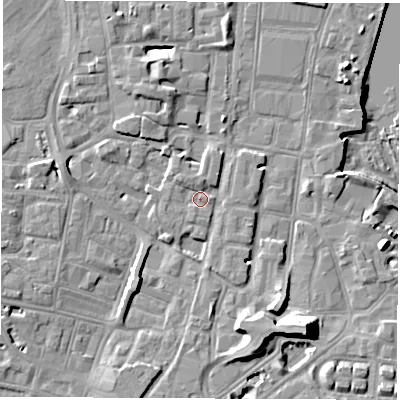 Shaded relief map of the ground around SO143GB, computed from Environment Agency LiDAR. The ground here sits at about 4 m above sea level and falls 14 m across the surrounding 800 m. Surface water reaching this point runs off ground lying to the north-west, 1.6 m higher.