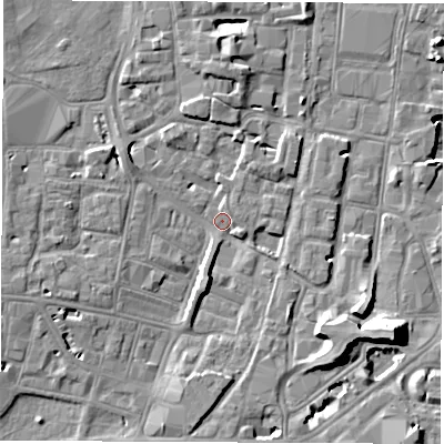 Shaded relief map of the ground around SO143GN, computed from Environment Agency LiDAR. The ground here sits at about 3 m above sea level and falls 12 m across the surrounding 800 m. Surface water reaching this point runs off ground lying to the north, 4.5 m higher.