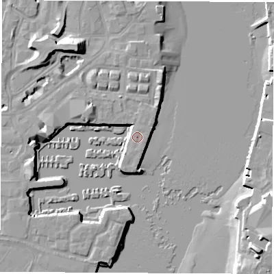 Shaded relief map of the ground around SO143GQ, computed from Environment Agency LiDAR. The ground here sits at about 4 m above sea level and falls 14 m across the surrounding 800 m. The ground contributing surface water to this point lies to the east.