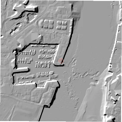Shaded relief map of the ground around SO143GR, computed from Environment Agency LiDAR. The ground here sits at about 4 m above sea level and falls 16 m across the surrounding 800 m. Surface water reaching this point runs off ground lying to the west-south-west, 0.6 m higher.