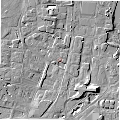 Shaded relief map of the ground around SO143GU, computed from Environment Agency LiDAR. The ground here sits at about 4 m above sea level and falls 14 m across the surrounding 800 m. Surface water reaching this point runs off ground lying to the north-north-east, 2.6 m higher.