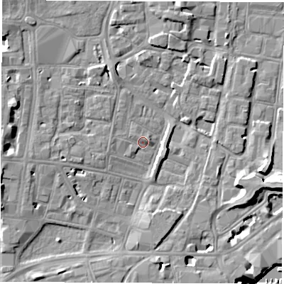 Shaded relief map of the ground around SO143GW, computed from Environment Agency LiDAR. The ground here sits at about 3 m above sea level and falls 13 m across the surrounding 800 m. Surface water reaching this point runs off ground lying to the west-south-west, 4.9 m higher.