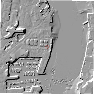 Shaded relief map of the ground around SO143HS, computed from Environment Agency LiDAR. The ground here sits at about 4 m above sea level and falls 14 m across the surrounding 800 m. Surface water reaching this point runs off ground lying to the east-north-east, 1.9 m higher.