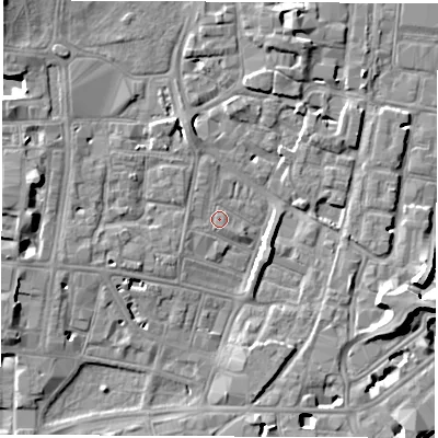 Shaded relief map of the ground around SO143HZ, computed from Environment Agency LiDAR. The ground here sits at about 3 m above sea level and falls 12 m across the surrounding 800 m. Surface water reaching this point runs off ground lying to the west-south-west, 5.1 m higher.