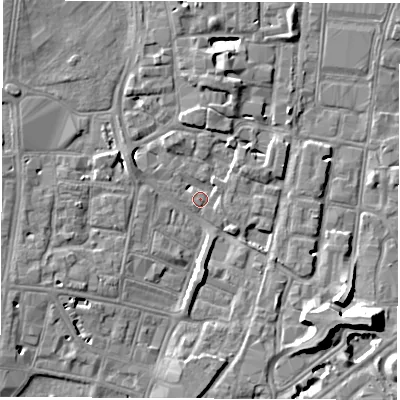 Shaded relief map of the ground around SO143NJ, computed from Environment Agency LiDAR. The ground here sits at about 3 m above sea level and falls 10 m across the surrounding 800 m. Surface water reaching this point runs off ground lying to the north, 4.5 m higher.
