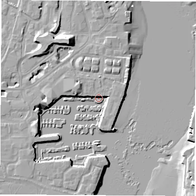 Shaded relief map of the ground around SO143QF, computed from Environment Agency LiDAR. The ground here sits at about -2 m above sea level and falls 14 m across the surrounding 800 m. Surface water reaching this point runs off ground lying to the west-north-west, 8.1 m higher.