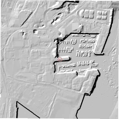 Shaded relief map of the ground around SO143QT, computed from Environment Agency LiDAR. The ground here sits at about 4 m above sea level and falls 14 m across the surrounding 800 m. Surface water reaching this point runs off ground lying to the north-west, 8.8 m higher.