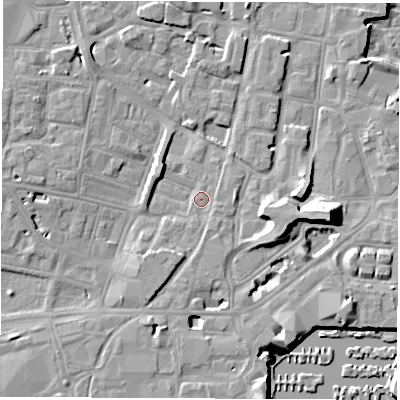 Shaded relief map of the ground around SO143TE, computed from Environment Agency LiDAR. The ground here sits at about 3 m above sea level and falls 14 m across the surrounding 800 m. Surface water reaching this point runs off ground lying to the east, 10.4 m higher.