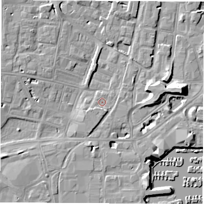 Shaded relief map of the ground around SO143TF, computed from Environment Agency LiDAR. The ground here sits at about 3 m above sea level and falls 14 m across the surrounding 800 m. Surface water reaching this point runs off ground lying to the east, 10.4 m higher.