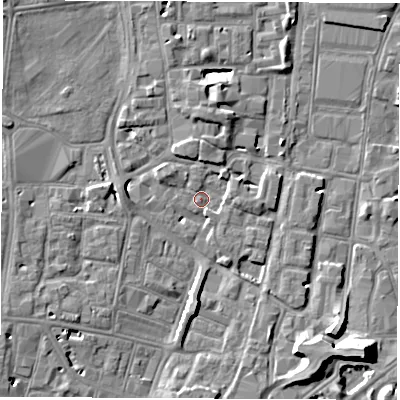 Shaded relief map of the ground around SO143TH, computed from Environment Agency LiDAR. The ground here sits at about 3 m above sea level and falls 10 m across the surrounding 800 m. Surface water reaching this point runs off ground lying to the north, 2.4 m higher.