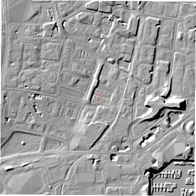 Shaded relief map of the ground around SO143TQ, computed from Environment Agency LiDAR. The ground here sits at about 3 m above sea level and falls 14 m across the surrounding 800 m. Surface water reaching this point runs off ground lying to the east, 10.4 m higher.