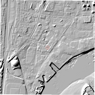 Shaded relief map of the ground around SO145AD, computed from Environment Agency LiDAR. The ground here sits at about 3 m above sea level and falls 16 m across the surrounding 800 m. Surface water reaching this point runs off ground lying to the north-north-west, 1.5 m higher.