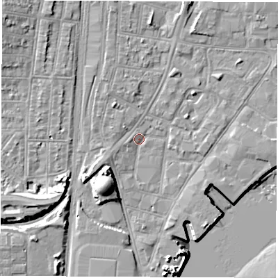 Shaded relief map of the ground around SO145AE, computed from Environment Agency LiDAR. The ground here sits at about 3 m above sea level and falls 13 m across the surrounding 800 m. Surface water reaching this point runs off ground lying to the south-west, 9.2 m higher.