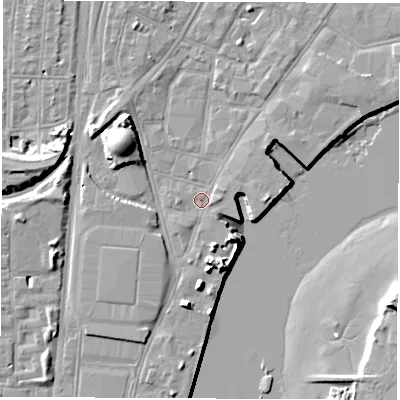 Shaded relief map of the ground around SO145AF, computed from Environment Agency LiDAR. The ground here sits at about 3 m above sea level and falls 13 m across the surrounding 800 m. Surface water reaching this point runs off ground lying to the north-west, 9.2 m higher.