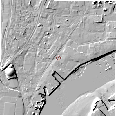 Shaded relief map of the ground around SO145AG, computed from Environment Agency LiDAR. The ground here sits at about 3 m above sea level and falls 13 m across the surrounding 800 m. Surface water reaching this point runs off ground lying to the west-south-west, 9.2 m higher.