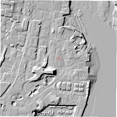 Shaded relief map of the ground around SO145AH, computed from Environment Agency LiDAR. The ground here sits at about 3 m above sea level and falls 14 m across the surrounding 800 m. Surface water reaching this point runs off ground lying to the south-south-west, 8.3 m higher.