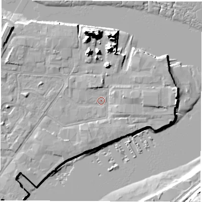 Shaded relief map of the ground around SO145AN, computed from Environment Agency LiDAR. The ground here sits at about 2 m above sea level and falls 20 m across the surrounding 800 m. Surface water reaching this point runs off ground lying to the east, 2.2 m higher.