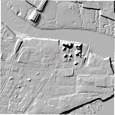 Shaded relief map of the ground around SO145AP, computed from Environment Agency LiDAR. The ground here sits at about 3 m above sea level and falls 20 m across the surrounding 800 m. Surface water reaching this point runs off ground lying to the north-north-east, 14.7 m higher.