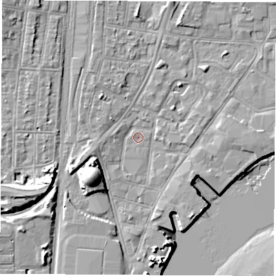 Shaded relief map of the ground around SO145AR, computed from Environment Agency LiDAR. The ground here sits at about 2 m above sea level and falls 13 m across the surrounding 800 m. Surface water reaching this point runs off ground lying to the south-west, 9.2 m higher.